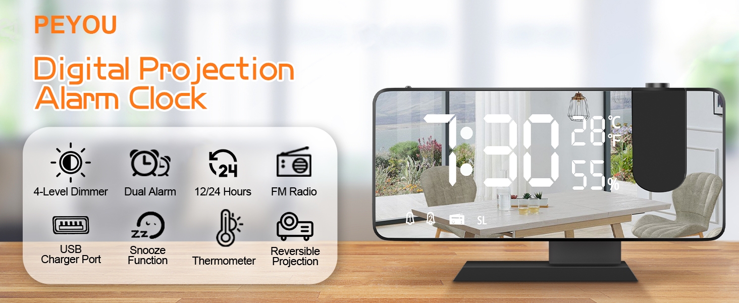 Digital Alarm Clock with Radio and Projection
